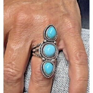 Turquoise Three Stone Ring Size 8 Silver Tone Southwestern Boho Statement